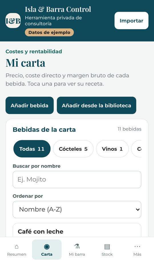 Pantalla «Mi carta» de la app Isla & Barra Control con las bebidas de un bar de ejemplo